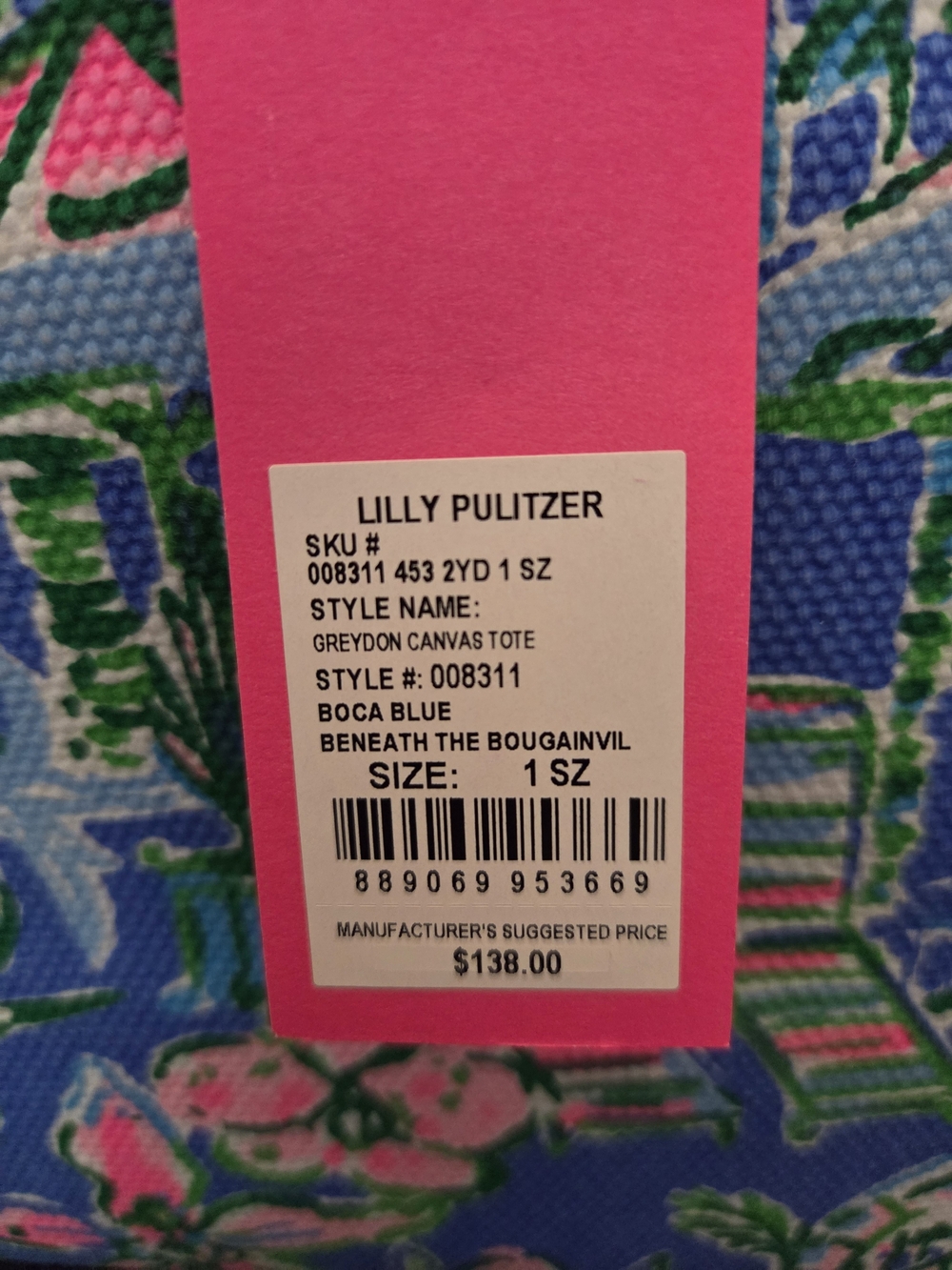 Lilly Pulitzer Blue Tote with Pink and Green Tropical Print - Picture 2 of 7
